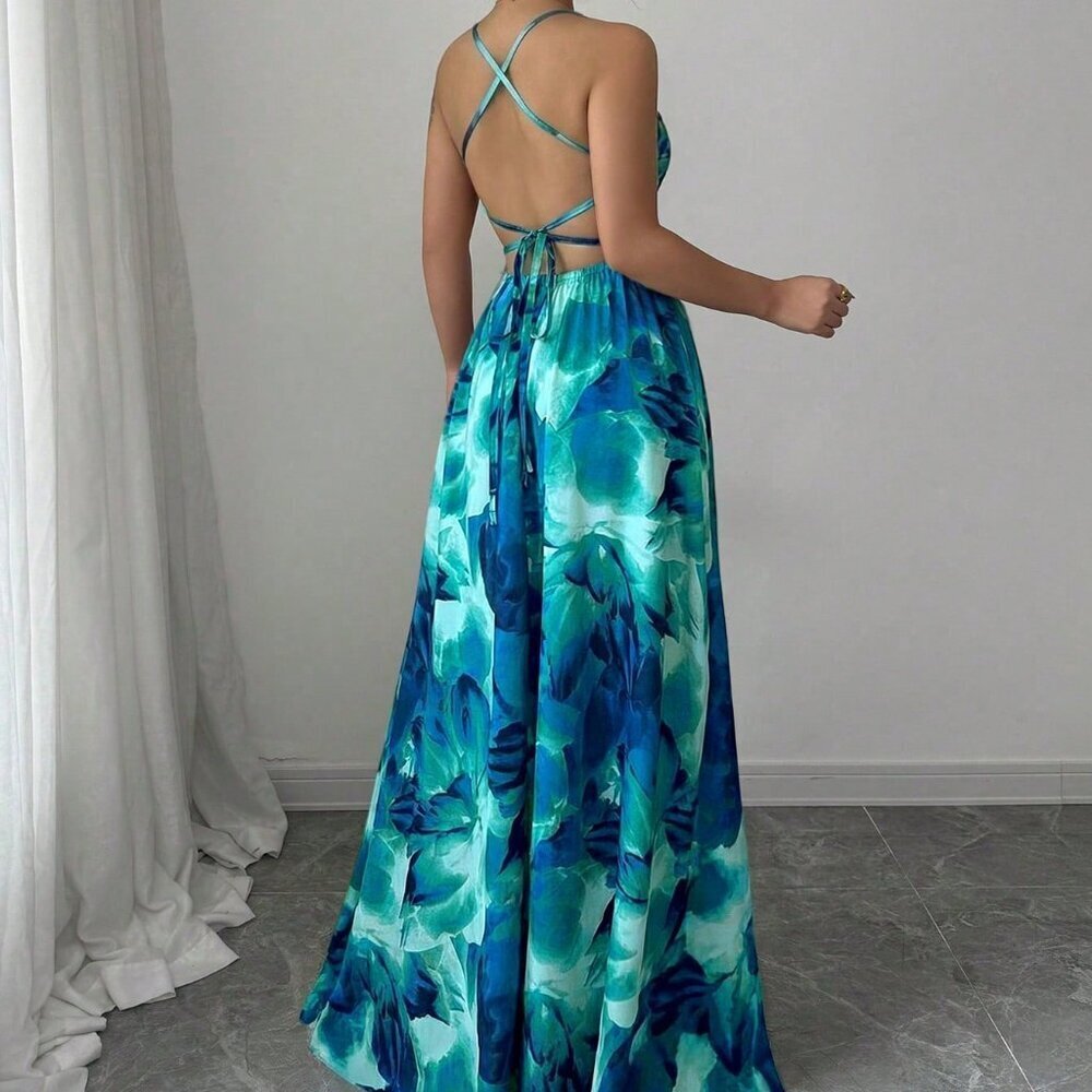 Blue Boho Women's Ink Print Criss-Cross Tie Long Dress - Picture 2 of 5